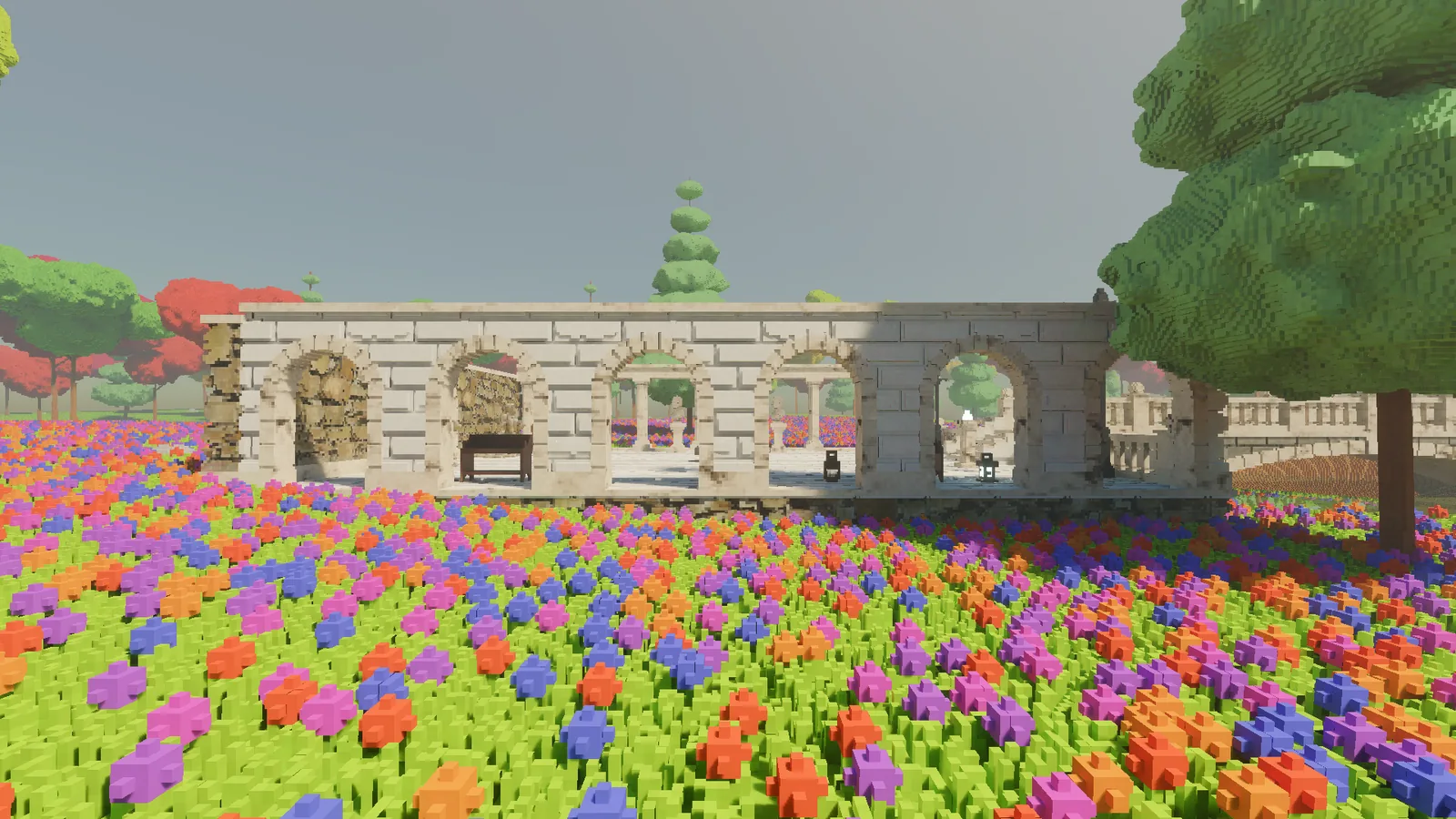 The white stone arcade seen from the flower meadow outside the courtyard, with a bench and lanterns visible through the arches.