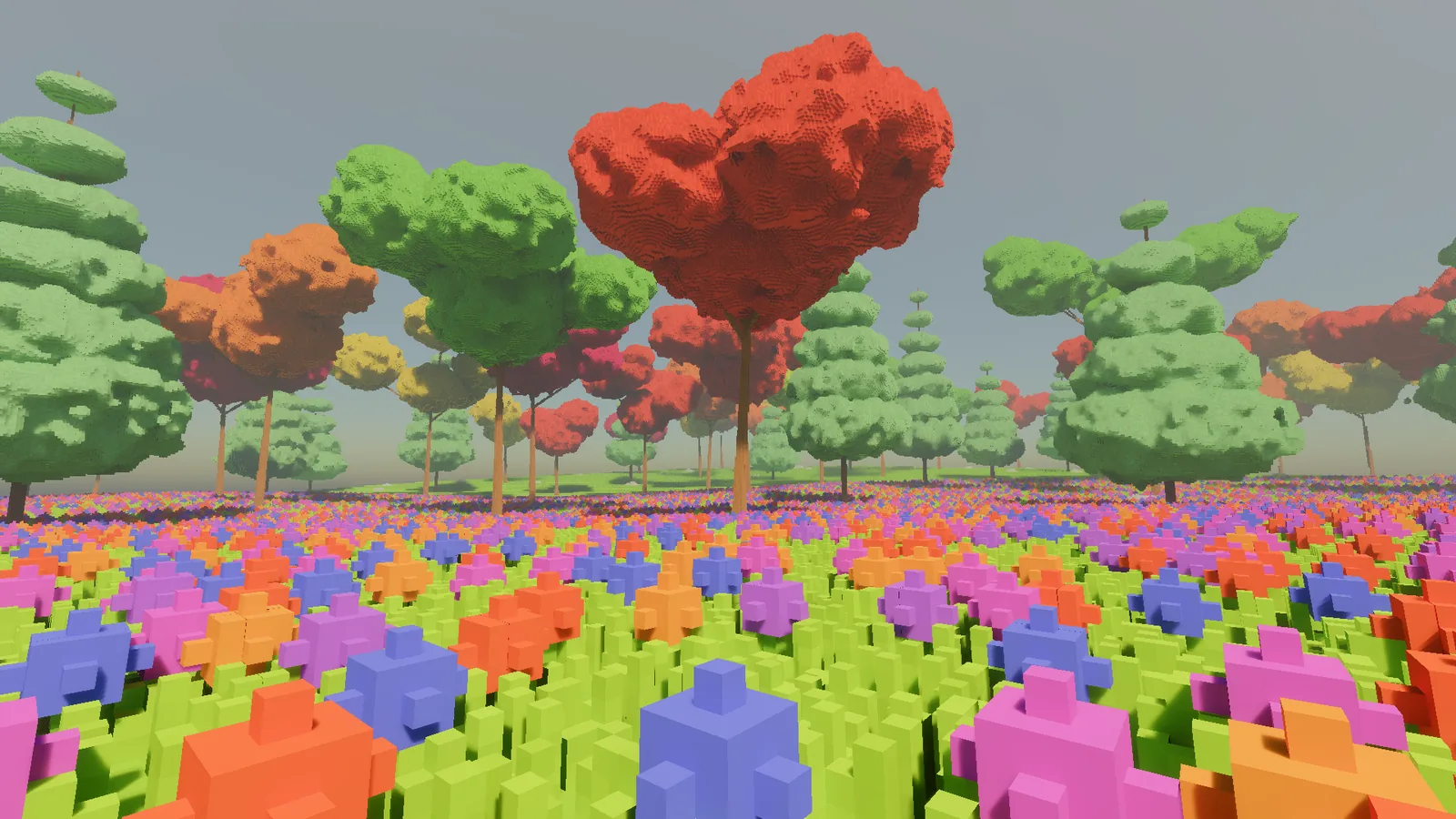 Red, orange, yellow and green voxel tree crowns above a dense meadow of red, violet, blue and orange flowers.