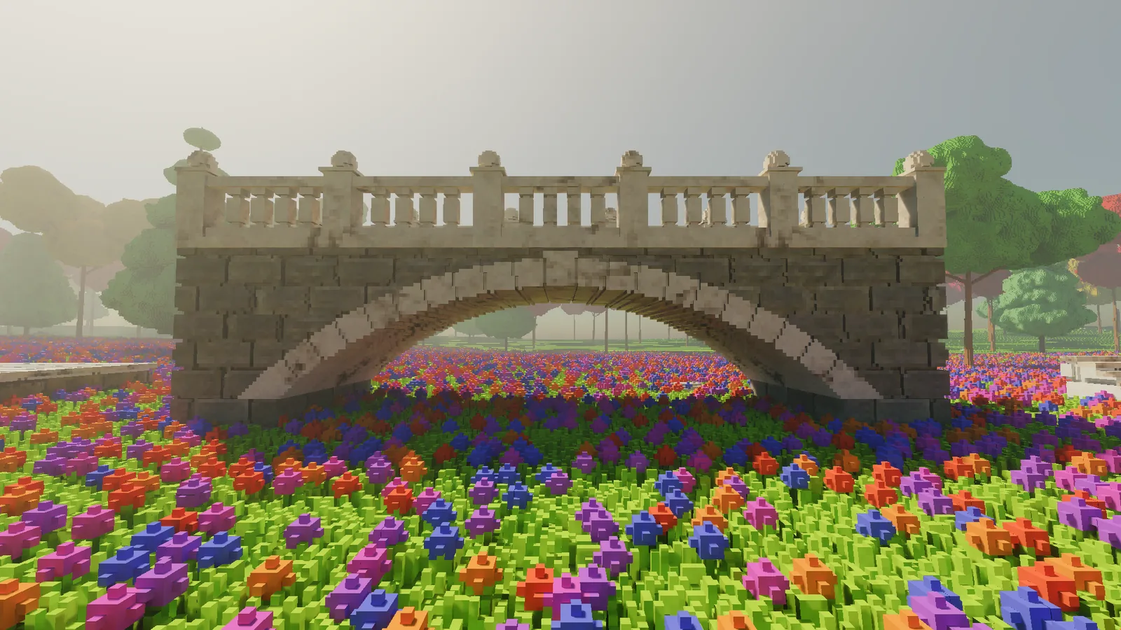 A stone arch bridge with a balustrade standing in the voxel flower meadow, built by the engine's architecture kit.