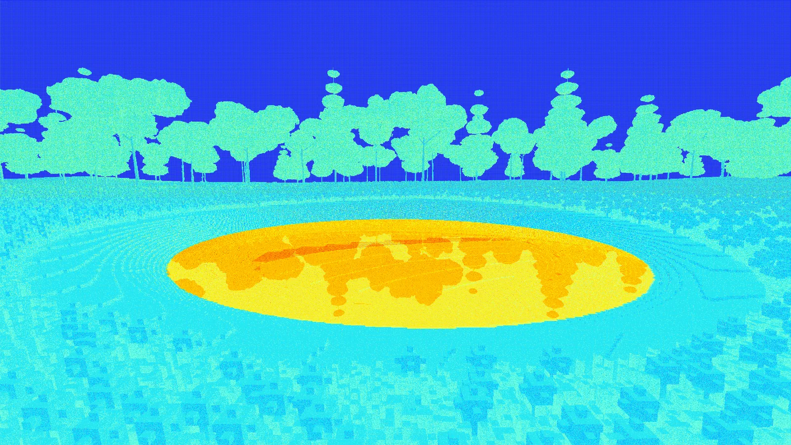 A false-colour heat map of the glade view, the meadow and trees in cool blue and green and the pond in hot yellow and orange.