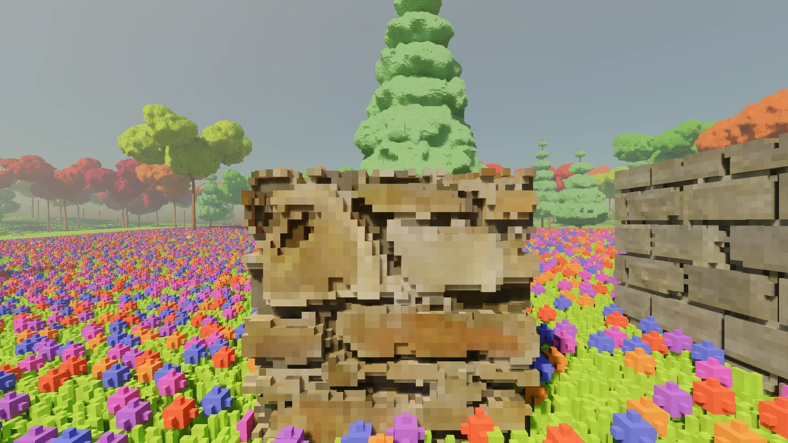 The same fieldstone wall with joints up to three voxels deep, the stones standing proud with dark gaps between them.