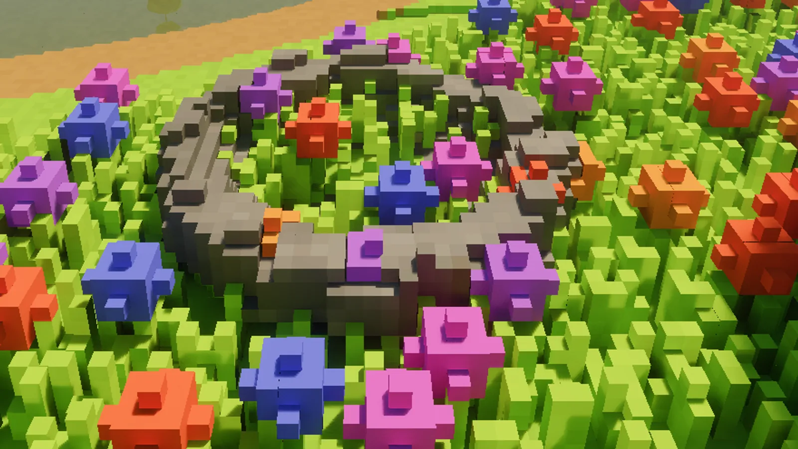A voxelised ring-shaped stone fire pit set into the flower meadow.