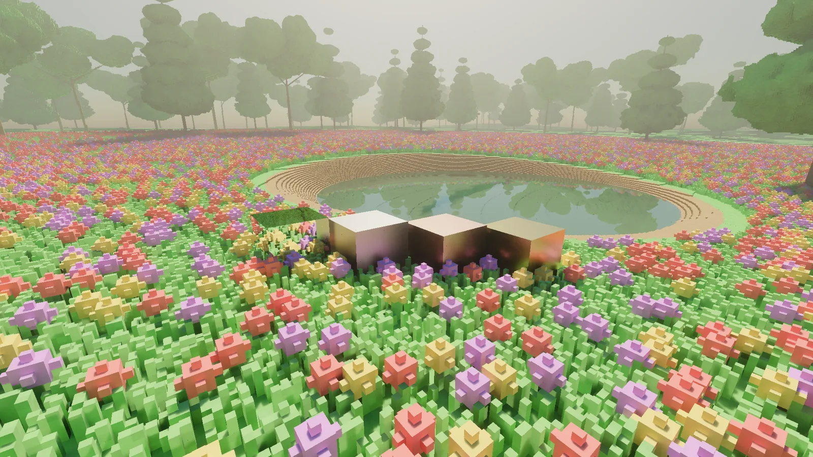 A row of cubes in the meadow beside the pond: a mirror, gold, copper and iron, each reflecting the flowers and sky in its own colour.