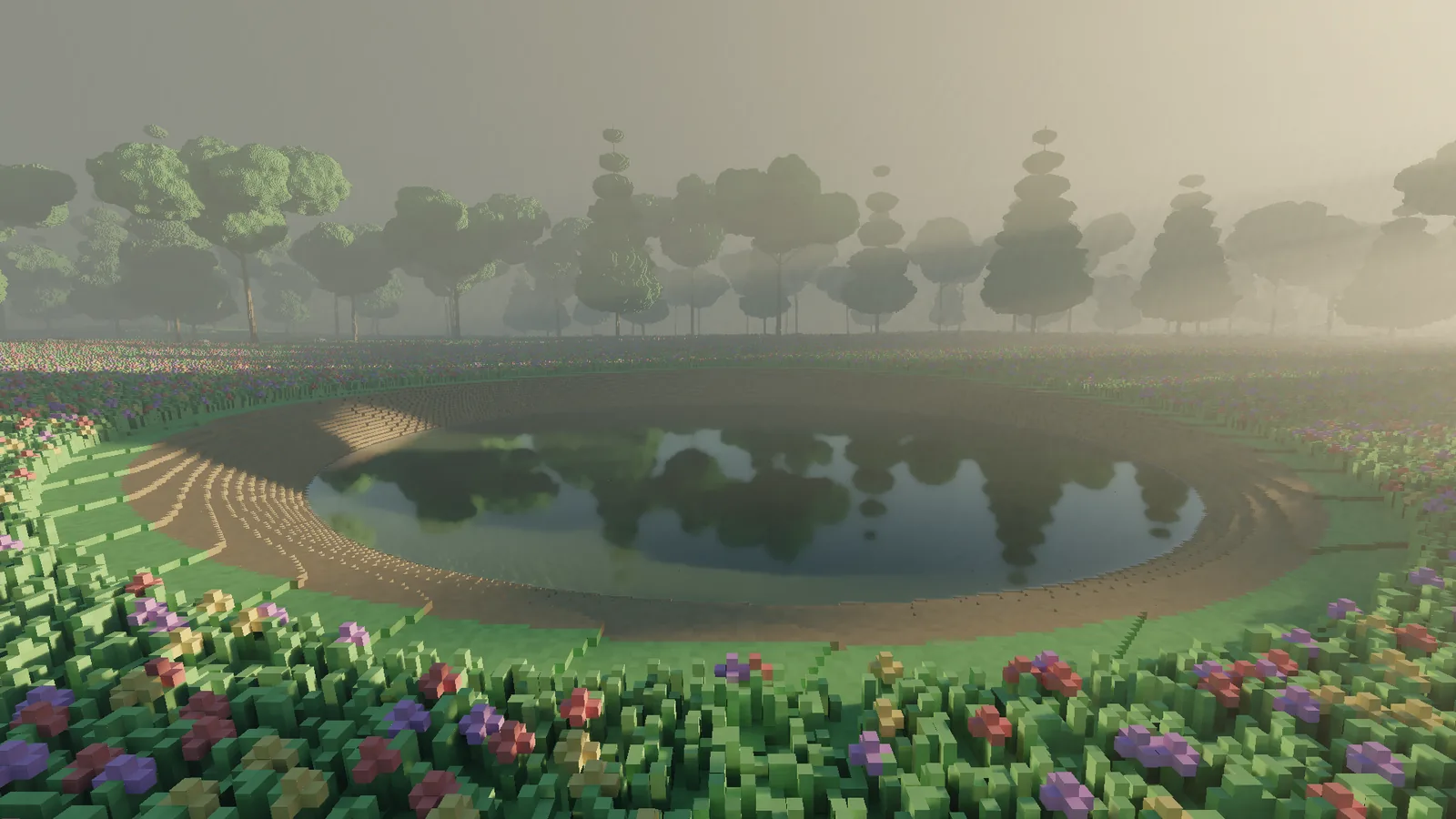 The pond in the voxel glade at golden hour, the far half of the water mirroring the treeline and the flower meadow in the foreground, rendered in real time by the engine.