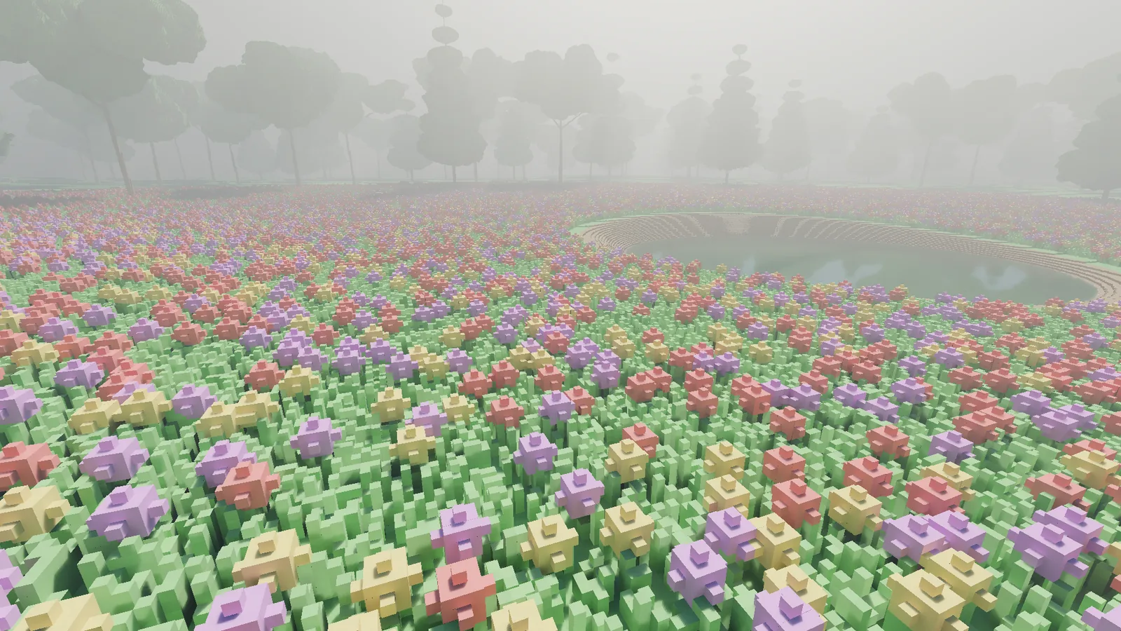 A close view of the voxel meadow: short green blades with red, violet and yellow flowers on thin stems.