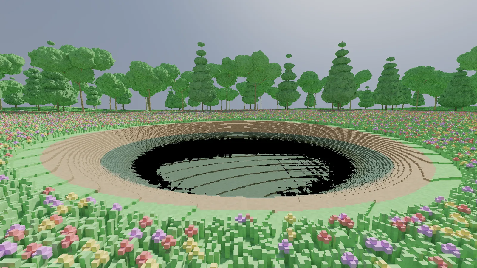 The pond in an early build, most of the water rendered as a solid black band.