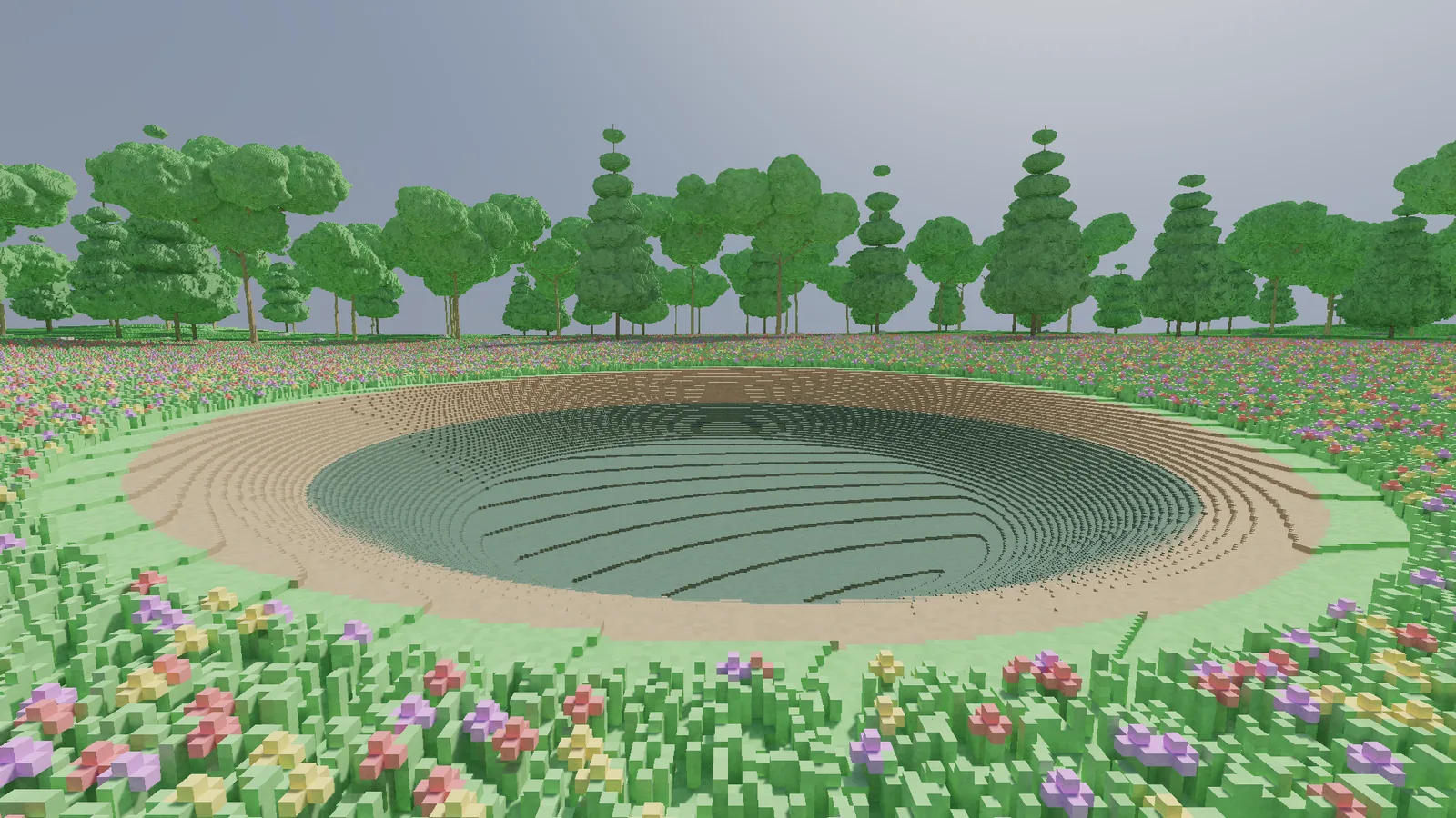 The same view after the fix, the terraced pond floor visible through the water.