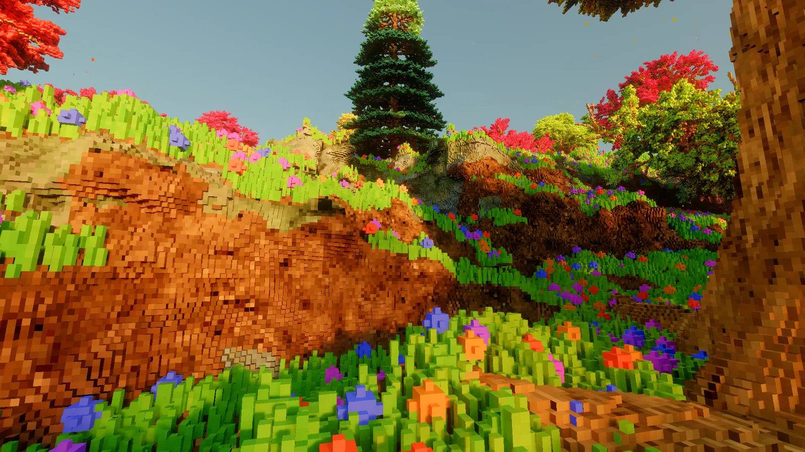An earth bank about head height with grass and flowers hanging over its top edge, a conifer and red trees behind it.