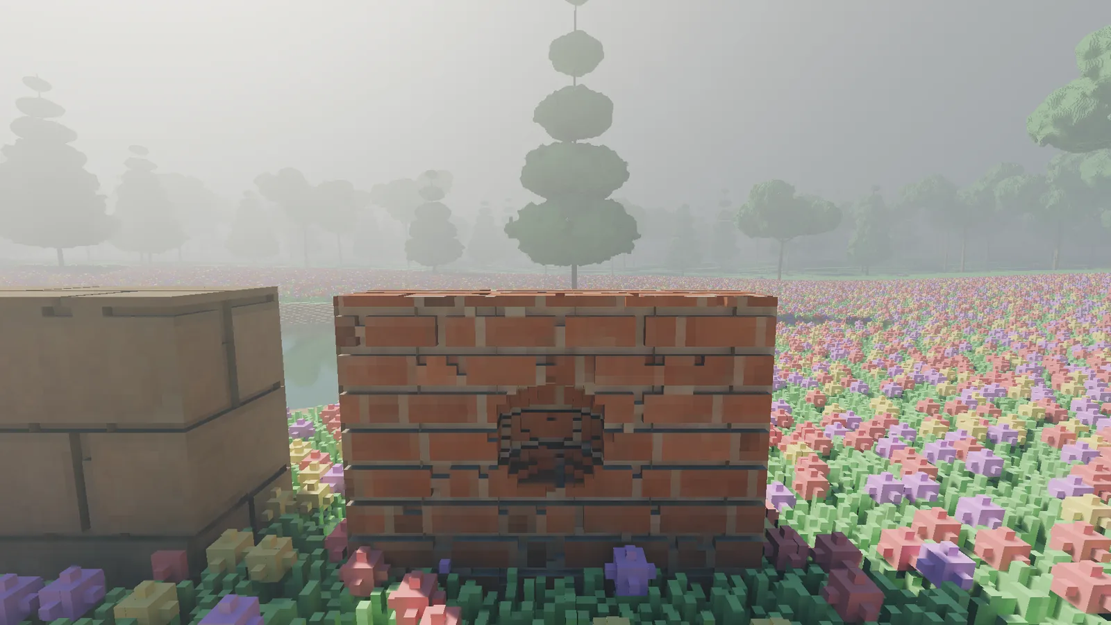 A brick wall with a round hollow carved into its face, the brick pattern and joints continuing inside the hollow.