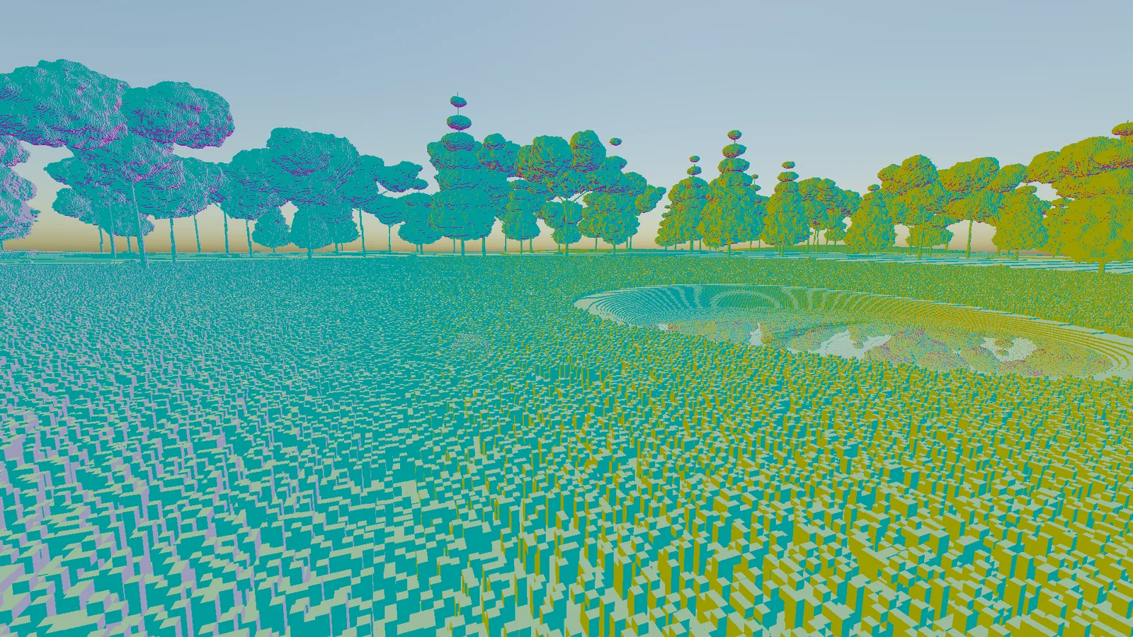 The same frame in the normals view, every surface coloured by the direction it faces.
