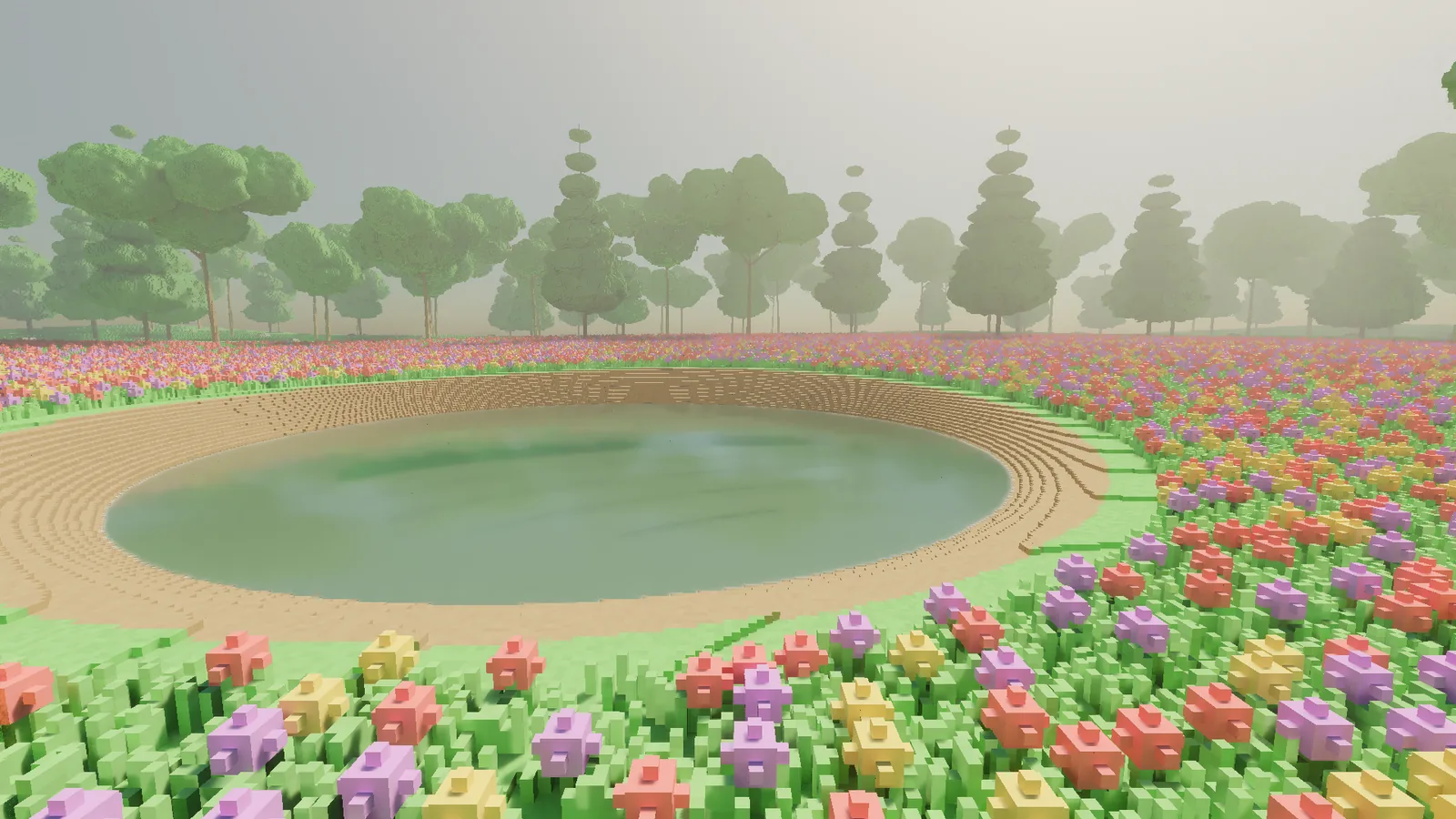 The pond rendered during camera motion, its reflection washed into a blur.