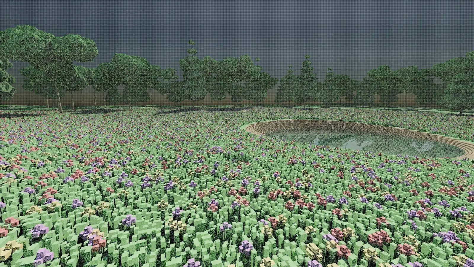The glade rendered as a single noisy path-traced sample per pixel, before denoising.
