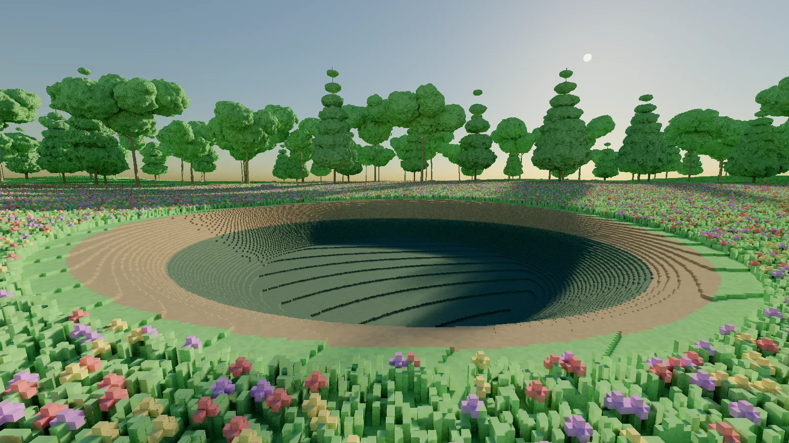 The pond in the voxel glade in afternoon light, the sun in a clear sky above the treeline and shadow reaching across the water.