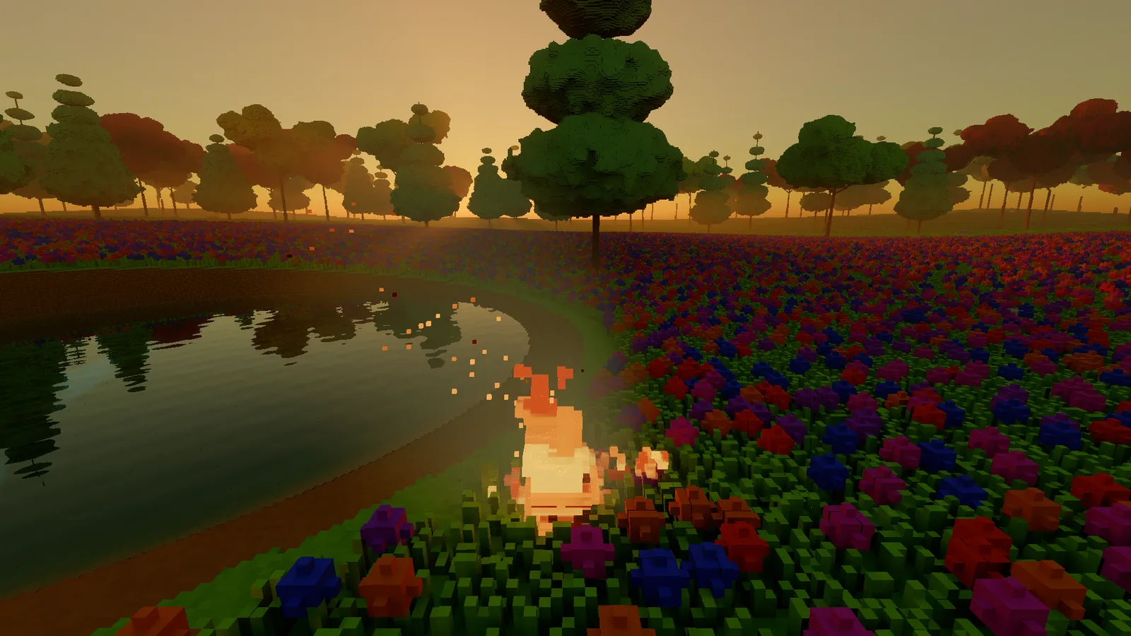 A small campfire burning in the meadow beside the pond at dusk, throwing orange light on the flowers, with sparks drifting up.