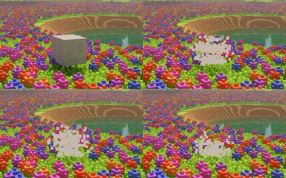 Four frames: a pale block standing in the meadow, then its base carved out and the block breaking up into falling chips.