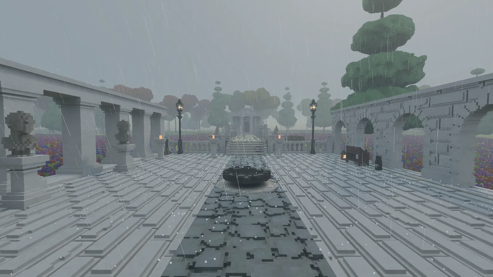 The Court in heavy rain, the paving grey and streaked, with the arcade and colonnade fading into the misty background.