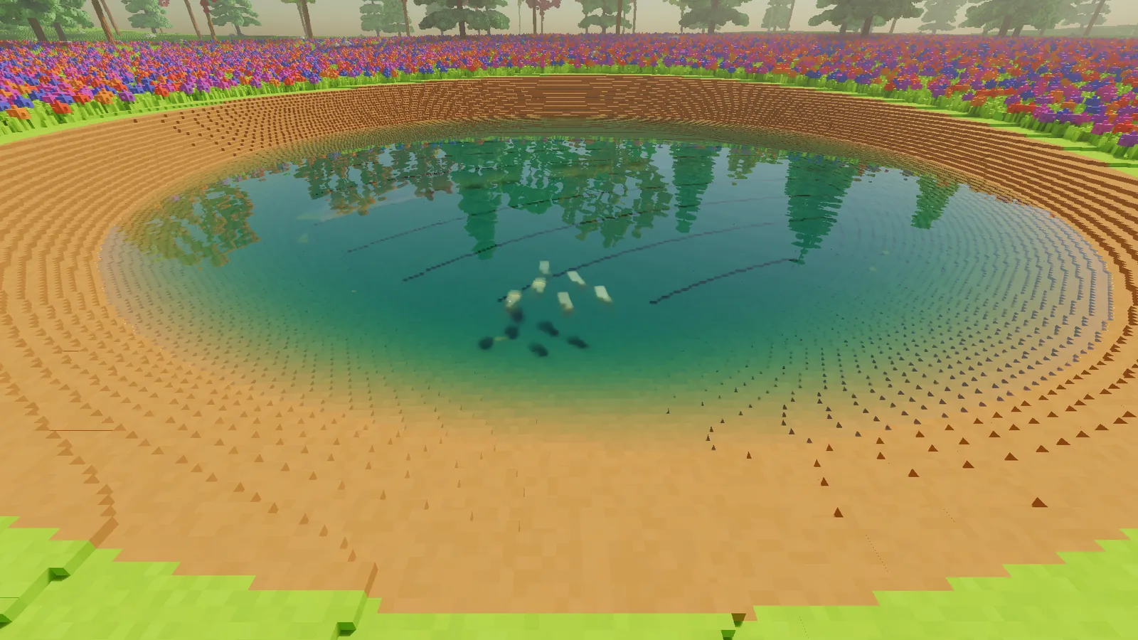 A small school of pale fish swimming in the clear teal water of the pond.