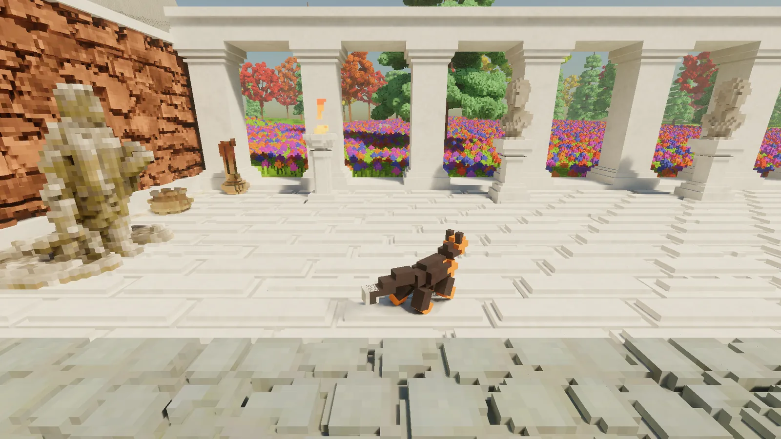 A small black-and-tan voxel fox trotting across the Court's white paving, with the colonnade and a statue behind it.