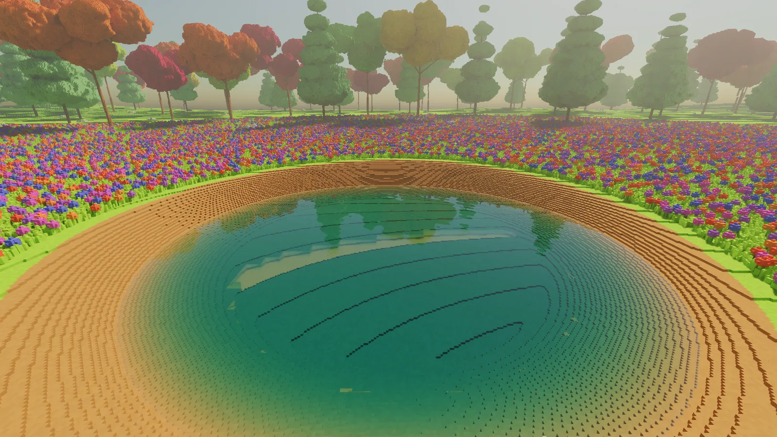 The pond seen from its sandy rim, clear and pale at the edges and deep teal in the middle, with ripple lines across the surface.