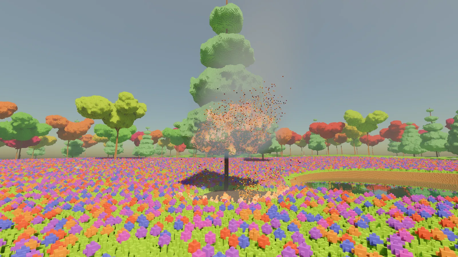 A tree burning in the meadow, its lower crown alight with sparks and embers drifting up, and a dark scorched patch spreading through the flowers below it.