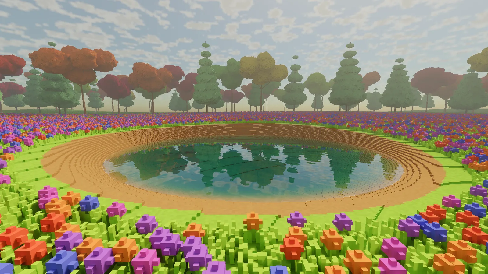 The pond under a fair sky with scattered clouds and bright sunlit flowers.