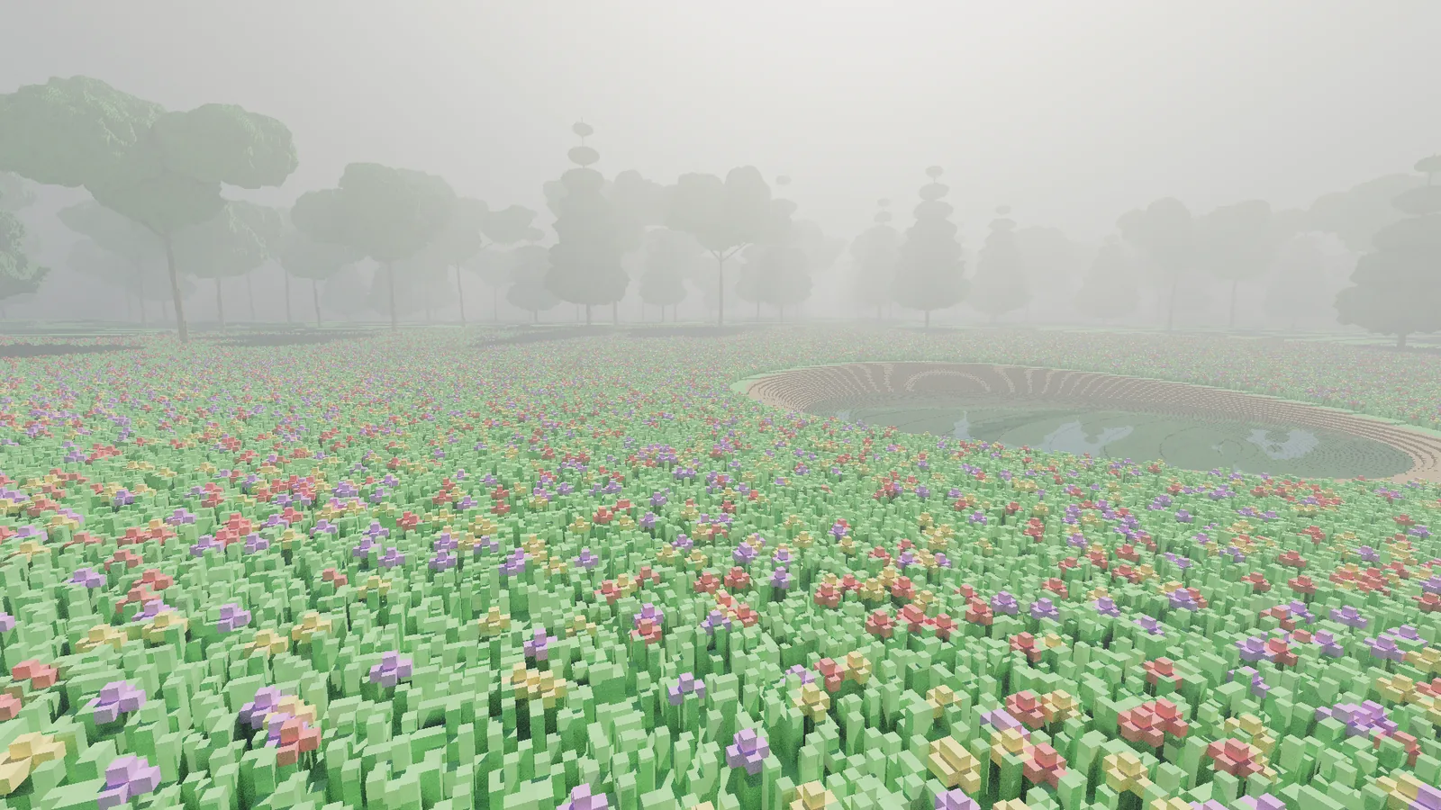 A meadow by the pond after the temporal blend alone, with visible grain on the grass and flowers.