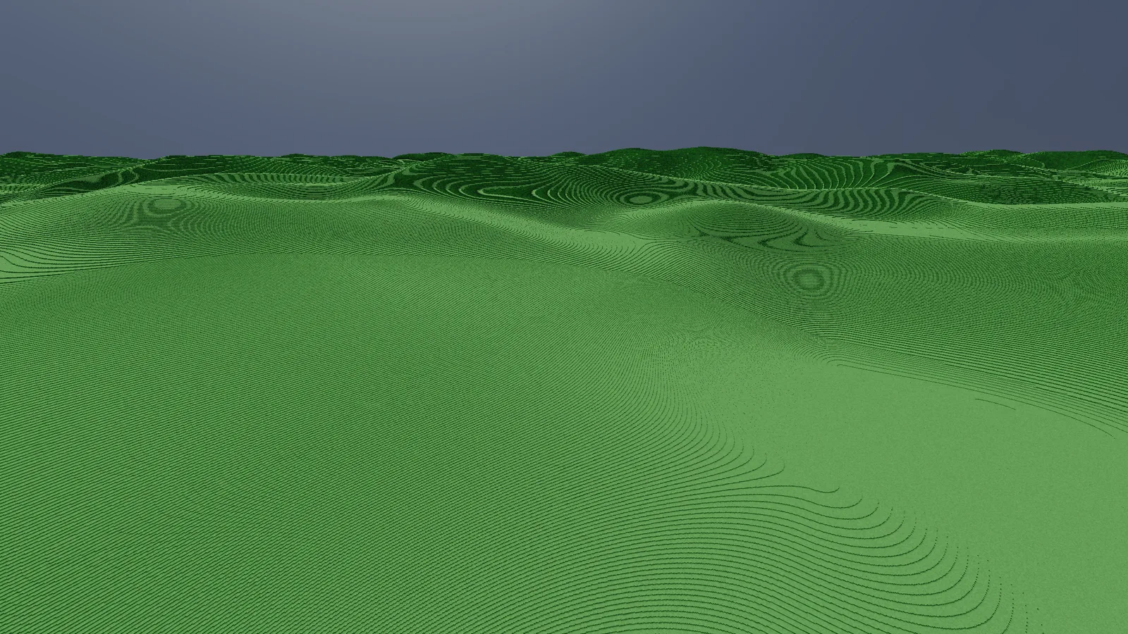 The same rolling voxel terrain in the finished frame.