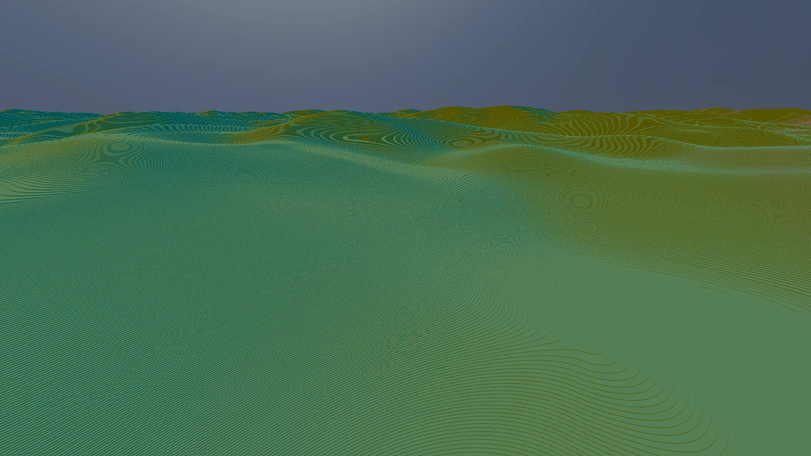 Rolling voxel terrain in the normals debug view, every surface coloured by the direction it faces.